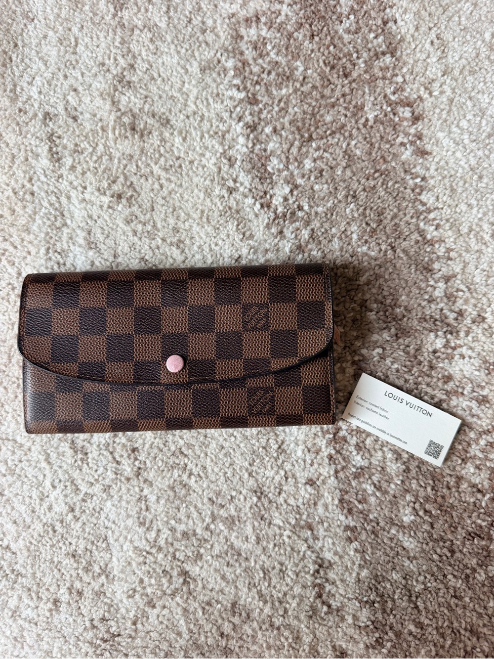 Louis Vuitton Damier Ebene Brown Wallet with Pink Button